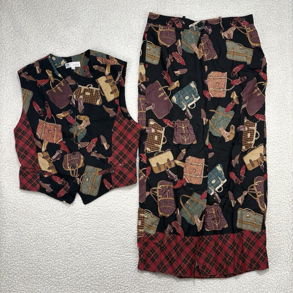 Vintage FL Malik Skirt‎ Set Vest 2pc Size 12 Red Purse Shoes Novelty Print USA